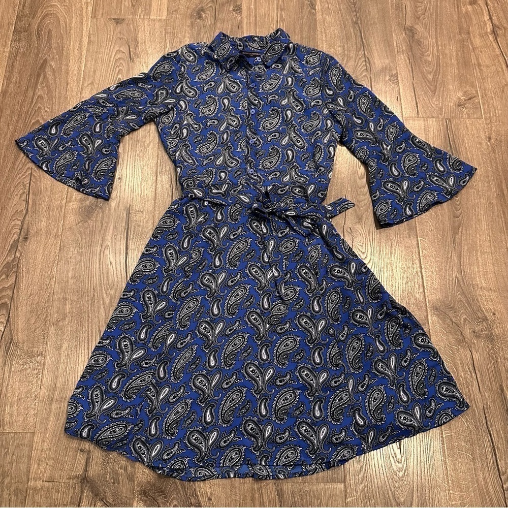 Banana Republic Career Dress Women's Size 4 Blue Paisley Print Belt Bell Sleeve - Picture 9 of 12